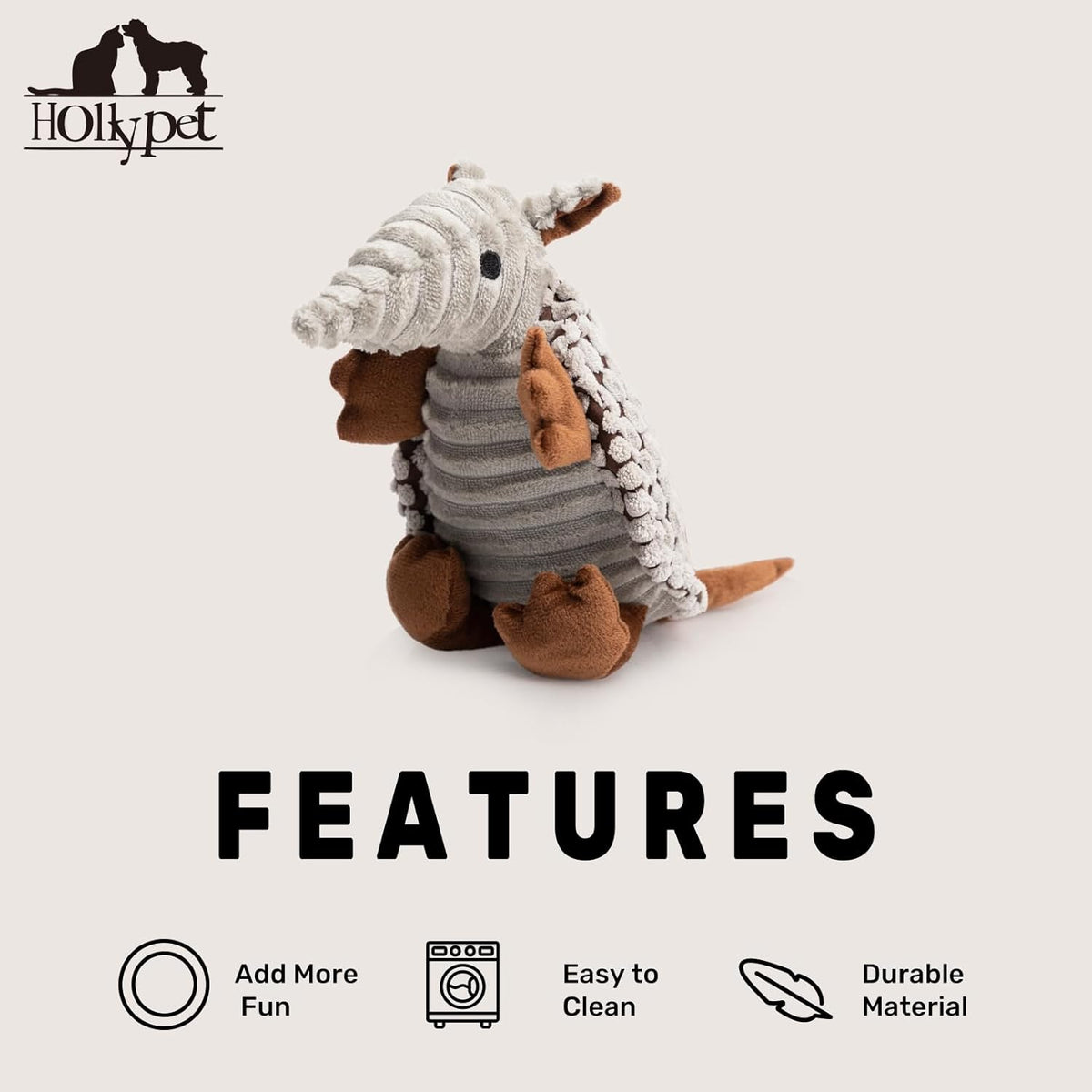 Eight inch gray armadillo plush pet chew toy for small breeds