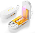 ViLoSa Pro U V C-Pill Cutter and Organizer front view showing orange premium plastic body and adjustable V-shaped alignment guide.