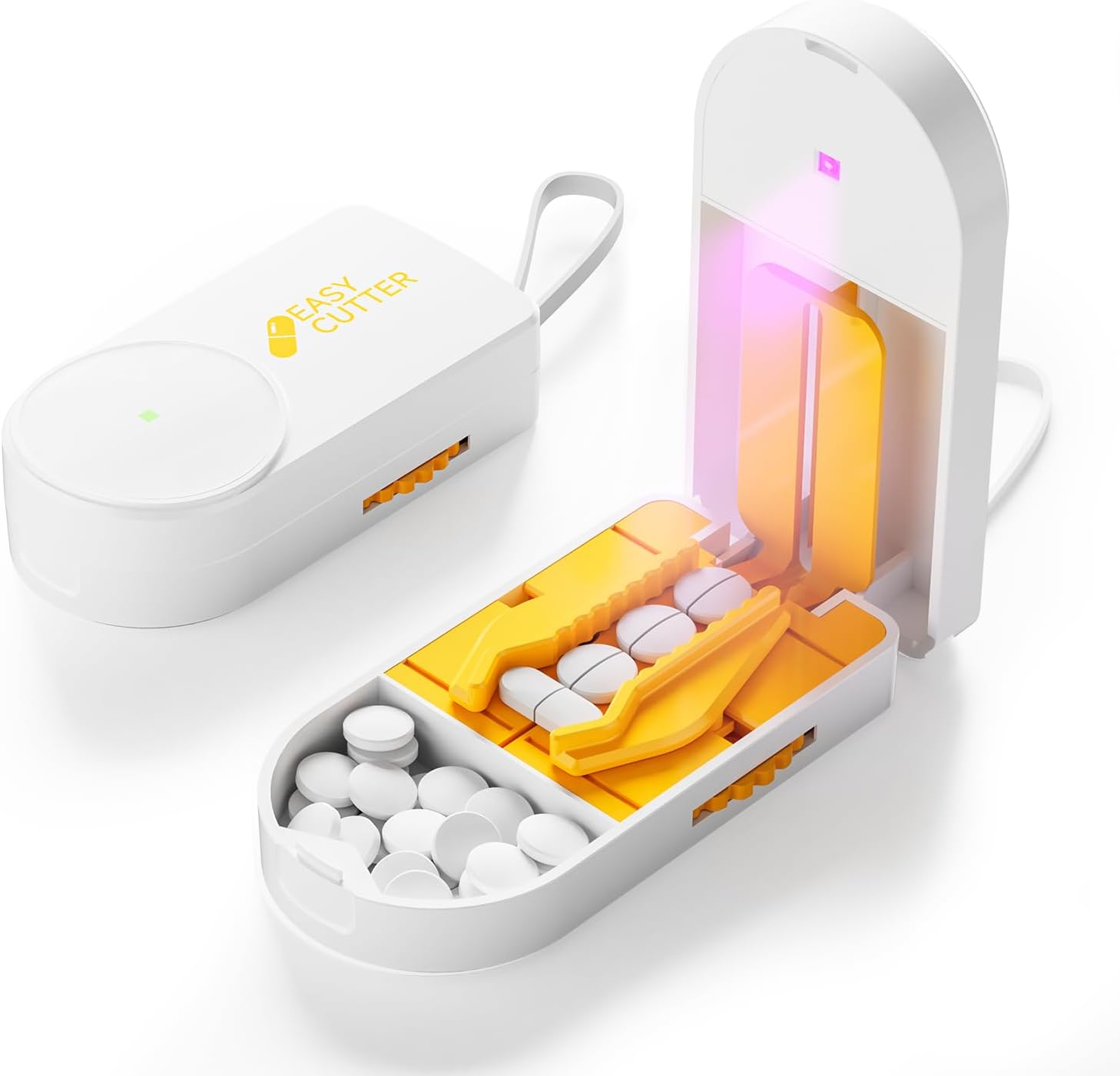 ViLoSa Pro U V C-Pill Cutter and Organizer front view showing orange premium plastic body and adjustable V-shaped alignment guide.