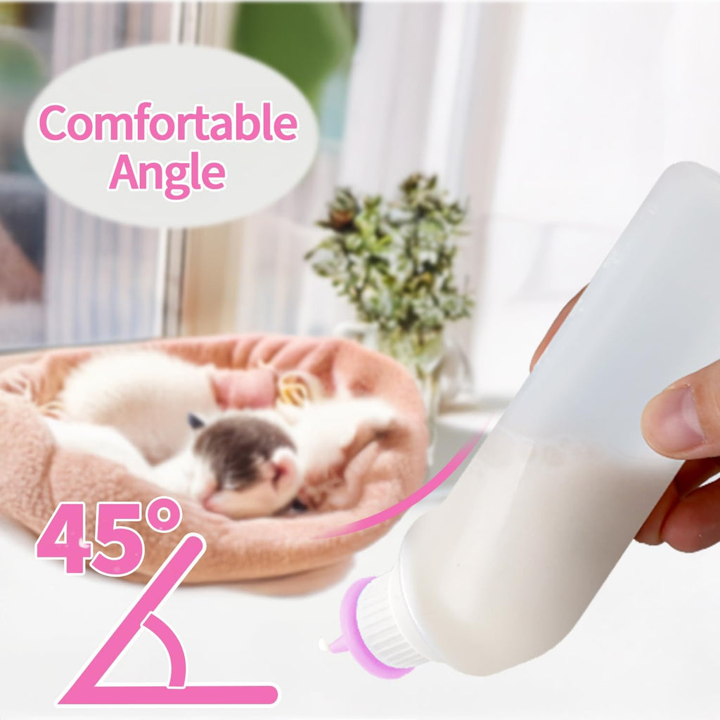 Pink pet nursing bottle set showcasing the durable materials safe for boiling water sterilization.