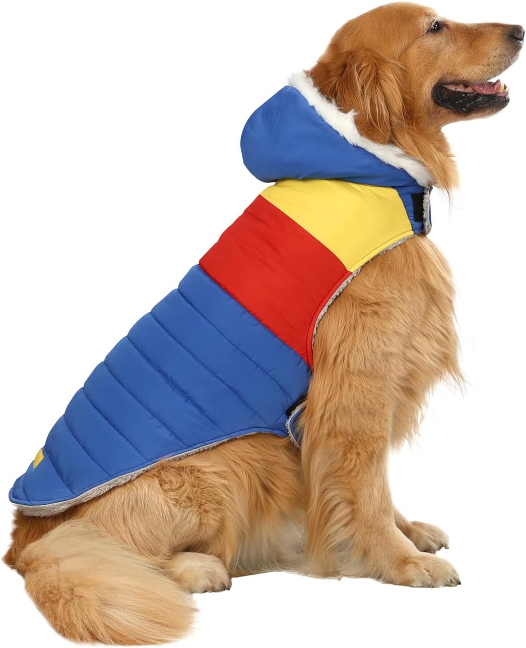 HDE Dog Puffer Jacket Fleece Lined Warm Dog Parka Winter Coat with Harness Hole Navy Retro Stripe - XXL - Image 14