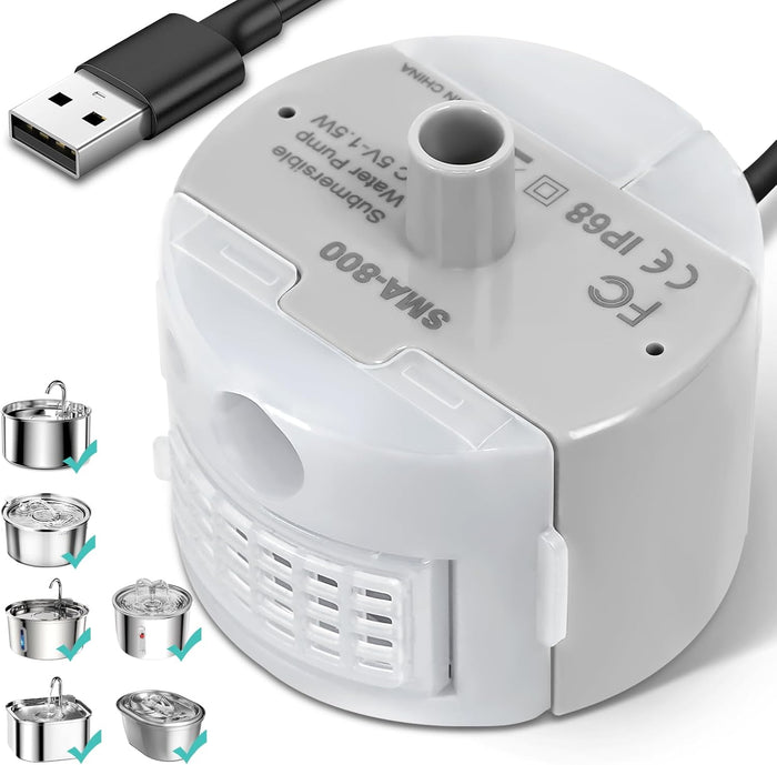 Ultra-Quiet Replacement Pump for Stainless Steel Cat Water Fountains - SMA-800 Motor - Safe and Easy to Clean with Low Voltage DC 5V and USB Cable (Pump) (Side Pump) - Image 1
