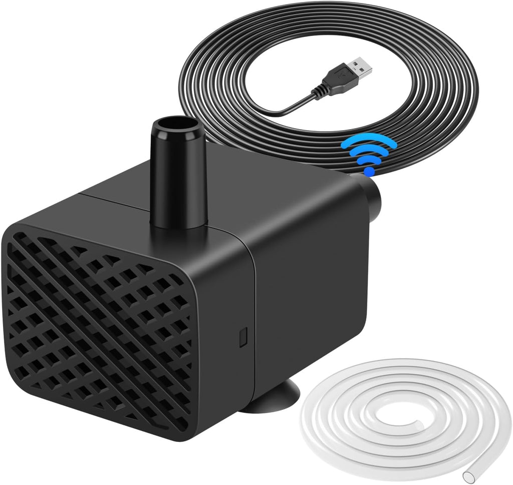 Mountain Ark mini submersible pump front view showcasing black plastic housing and USB power cable connection.