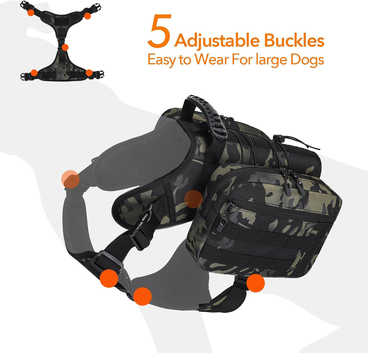 Close-up of the five adjustable buckles and explosion-proof strap on the dog pack