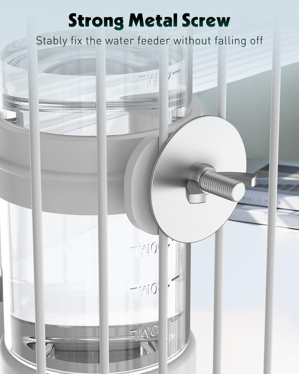 Close up of Pawfly parrot water dispenser threaded outlet and trough