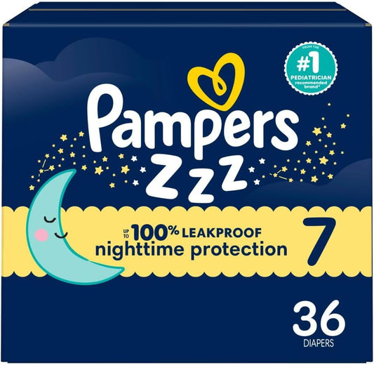 Pampers ZZZ Overnight Diapers Size 7 front packaging showing nighttime protection theme