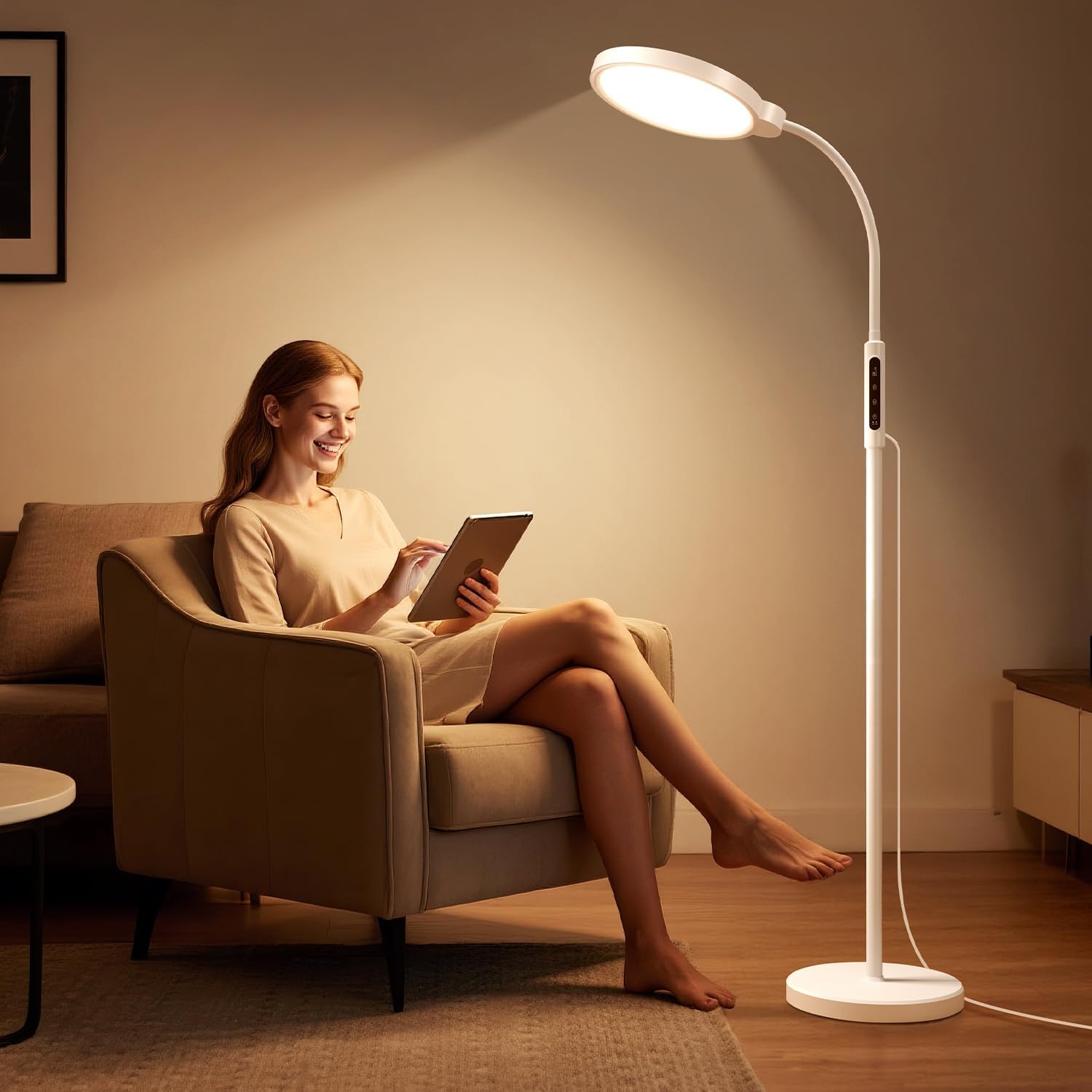 Morfone Happy Light Therapy Floor Lamp front view showing the full adjustable neck and stable base setup in a bright living room.