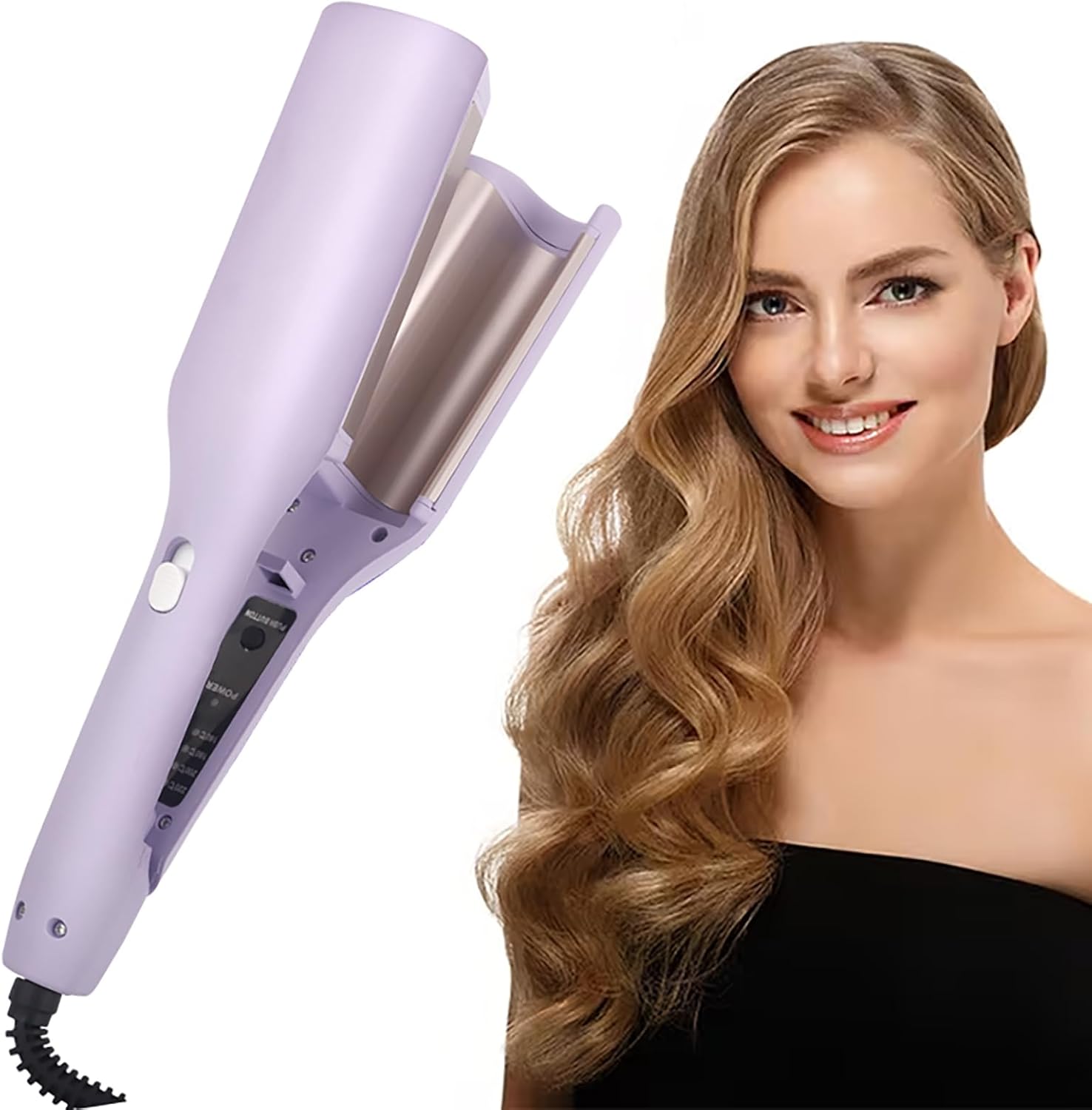 Bouncy Waver Curling Iron Hair Crimper front view showing purple ceramic dual barrels.