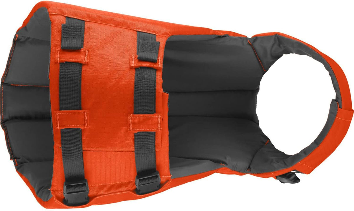 Authentic NRS pet life jacket showing the durable metal D ring leash attachment
