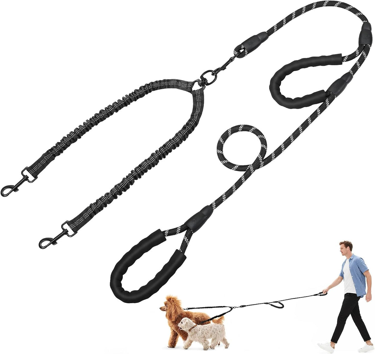 Tivray twin dog leash gray color option laid flat demonstrating dual lead design.