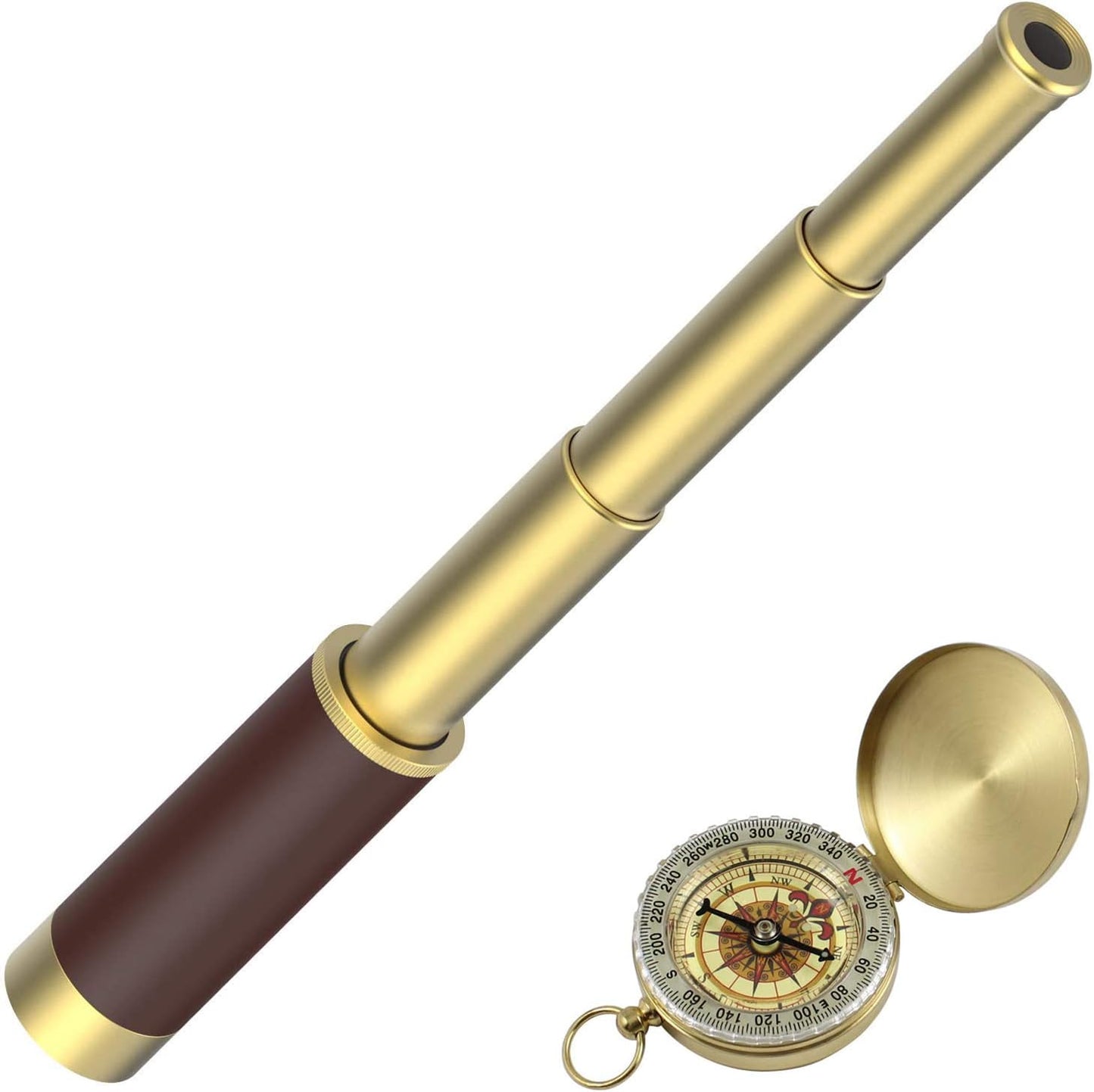 SSZS pirate spyglass telescope front view showing the gold-plated brass body and protective leather grip handle