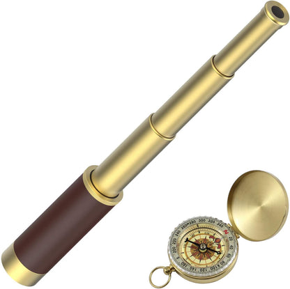 SSZS pirate spyglass telescope front view showing the gold-plated brass body and protective leather grip handle