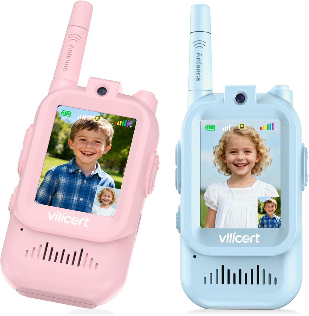 Vilicert video walkie talkie toys two pack front view showing the color screen and built in camera lens