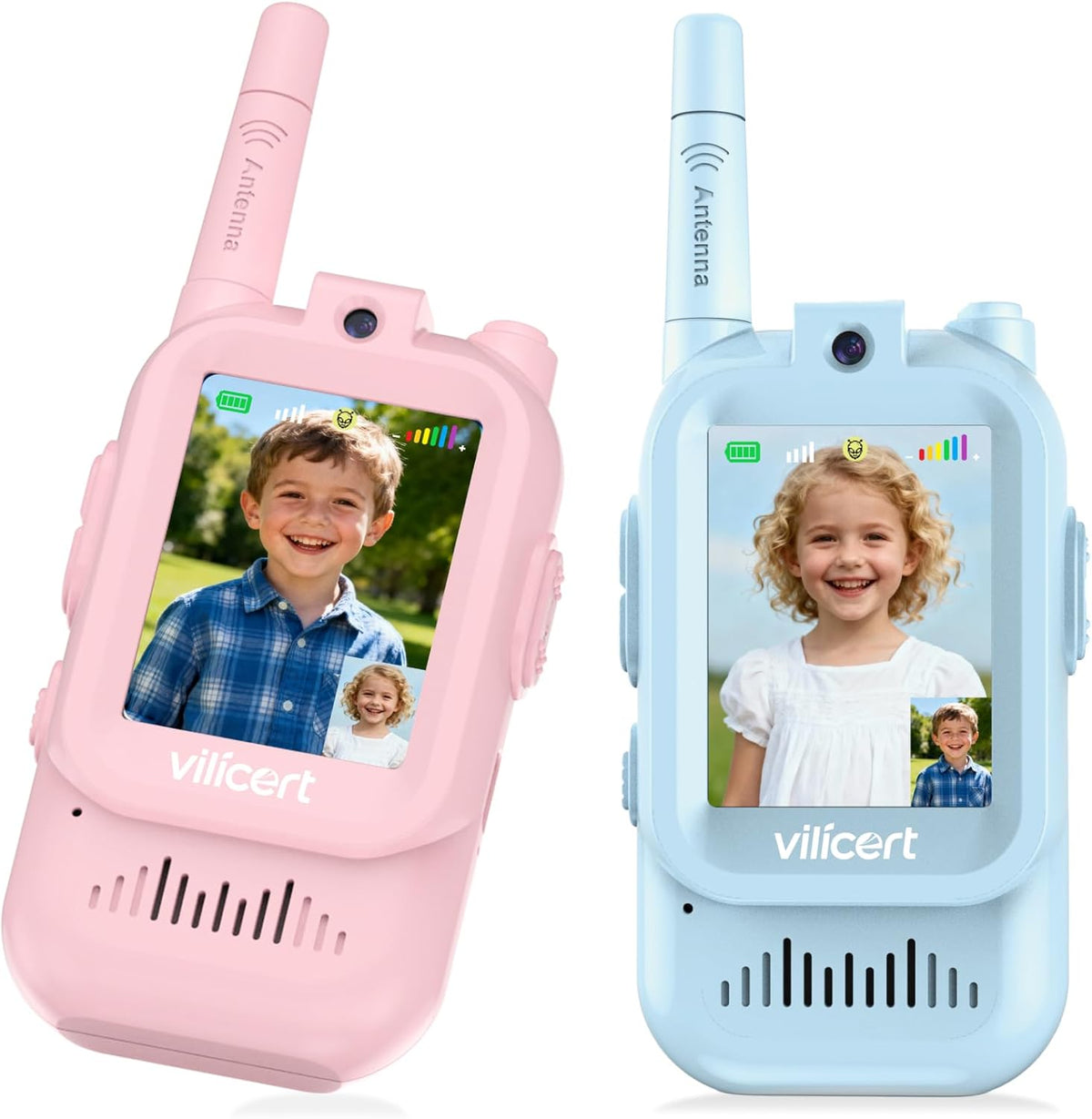 Vilicert video walkie talkie toys two pack front view showing the color screen and built in camera lens