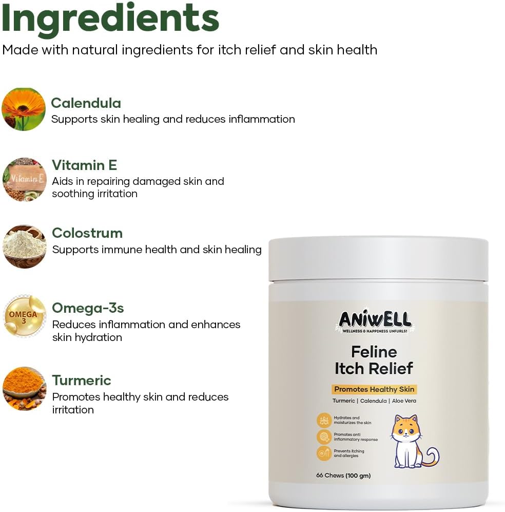 Aniwell cat allergy relief supplement container showing natural omega 3 and calendula ingredients