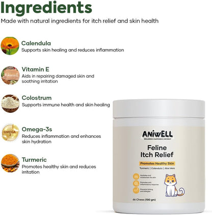 Aniwell cat allergy relief supplement container showing natural omega 3 and calendula ingredients