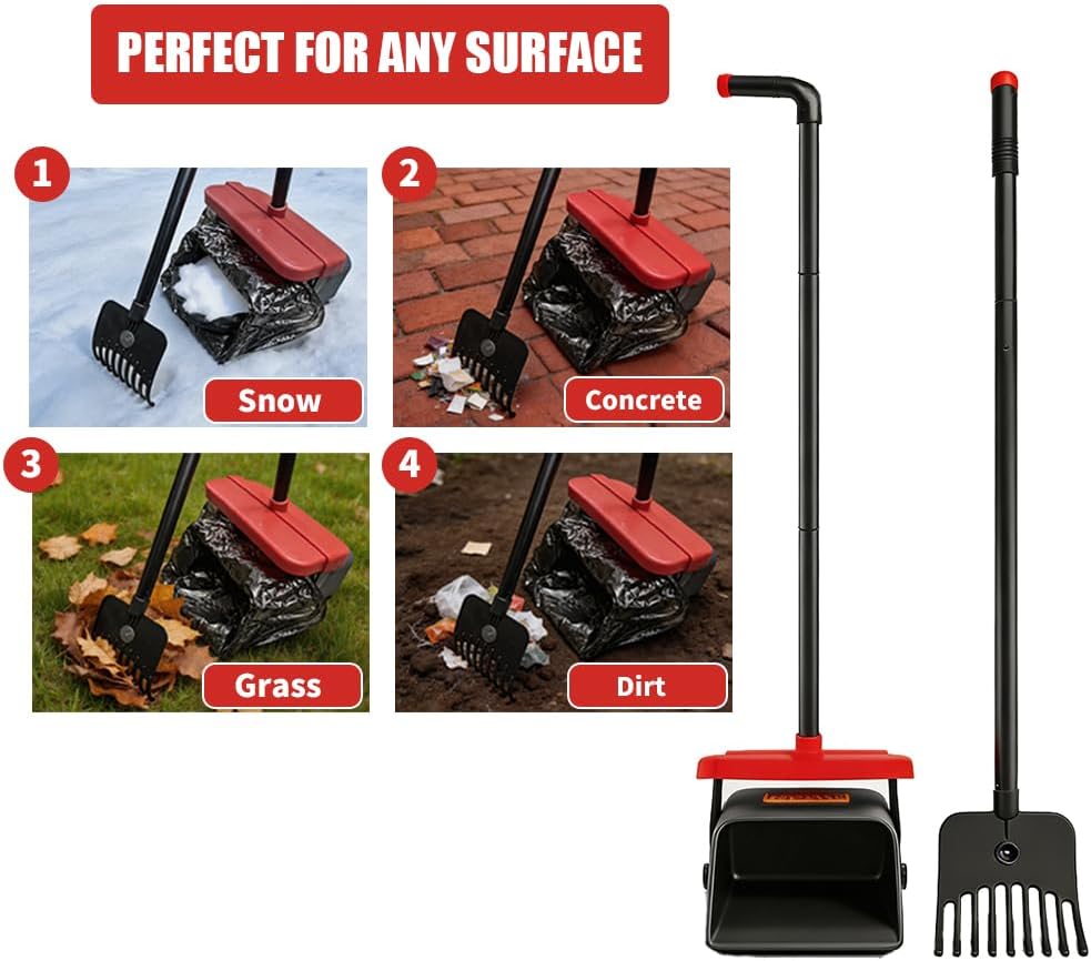 Ergonomic long handle dog poop picker being used from a comfortable standing position.