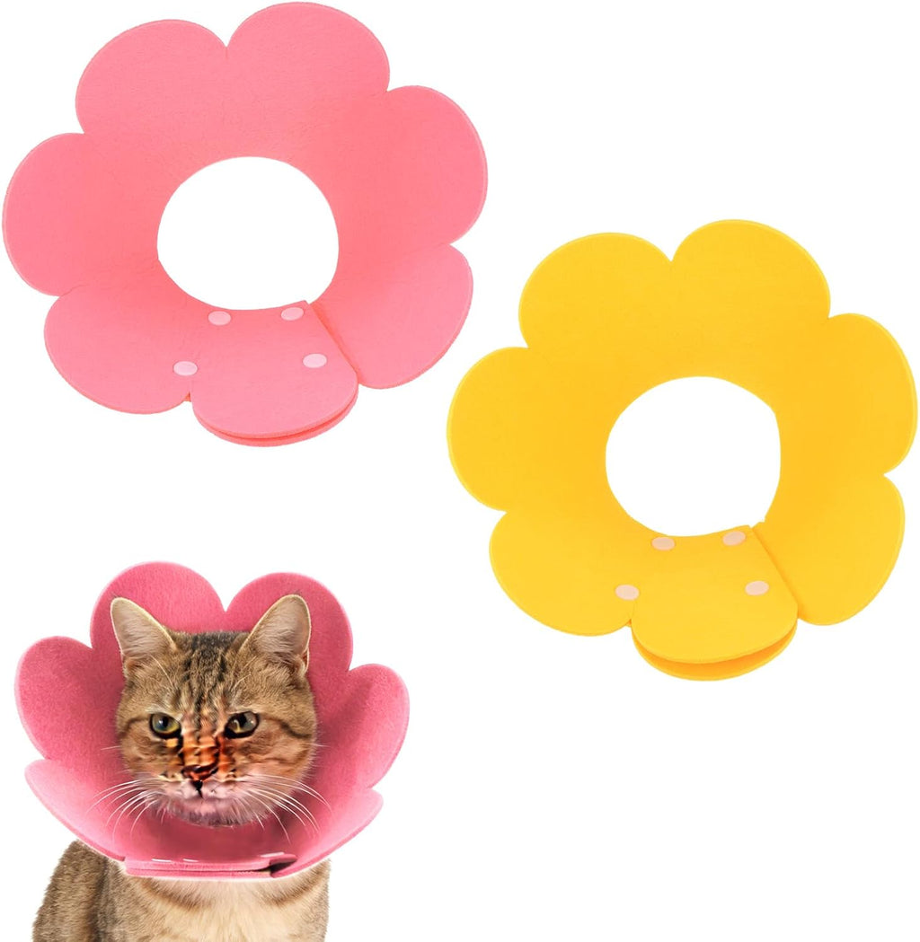 PETAXCELL Felt Cat Recovery Collar front view showing the pink and yellow flower design on a kitten.