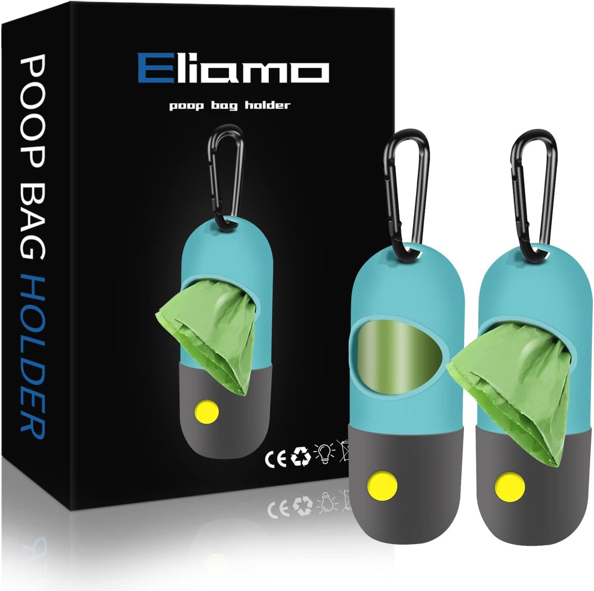 Eliamo 2 pack dog poop bag dispenser front view with built in LED flashlight