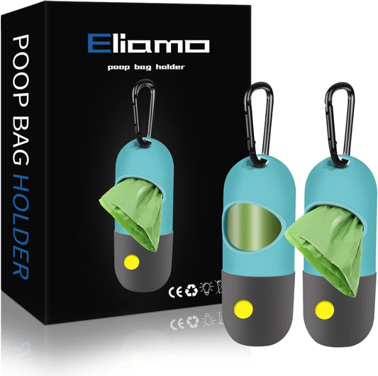 Eliamo 2 pack dog poop bag dispenser front view with built in LED flashlight