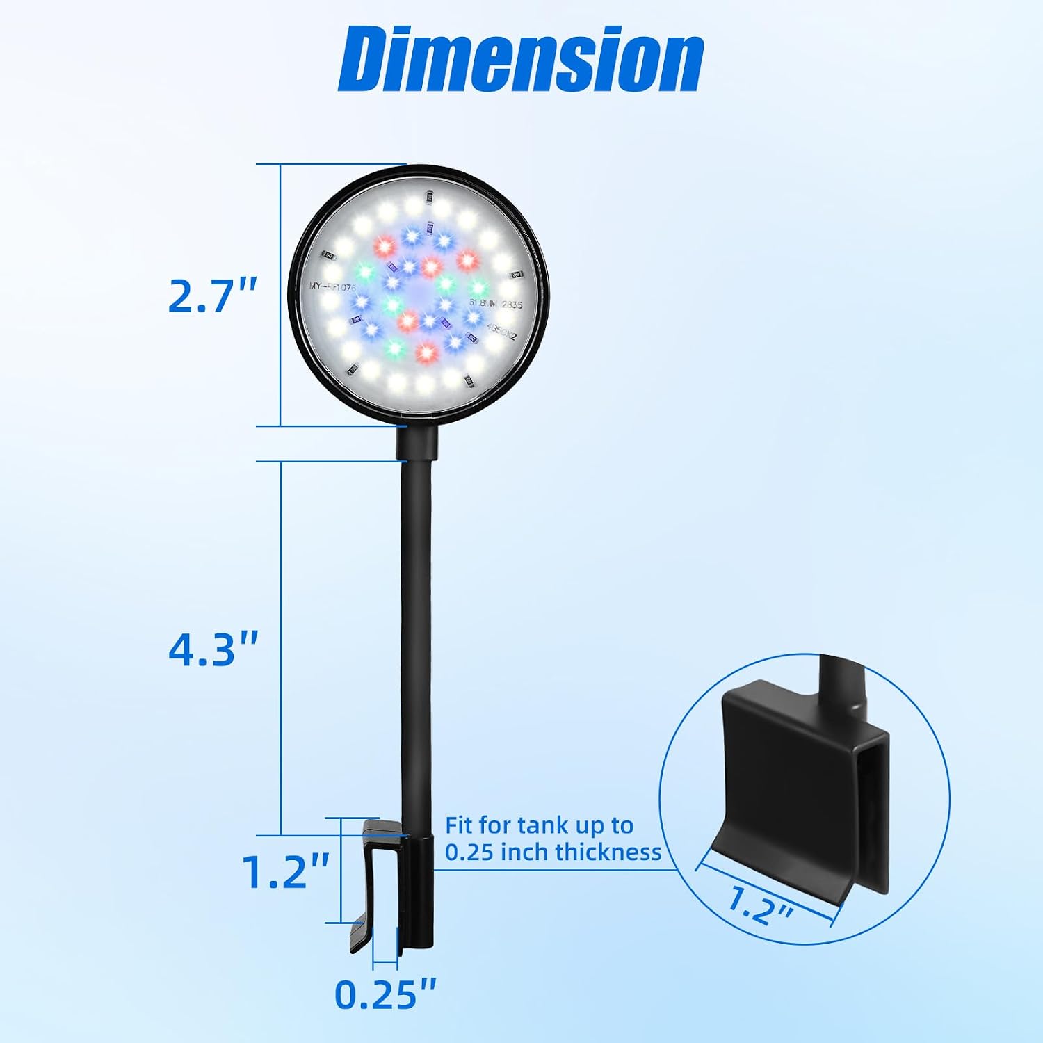 DaToo seven watt full spectrum aquarium light illuminating a small freshwater nano tank with mixed white and colored light emitting diodes.