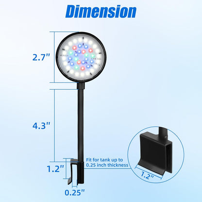 DaToo seven watt full spectrum aquarium light illuminating a small freshwater nano tank with mixed white and colored light emitting diodes.