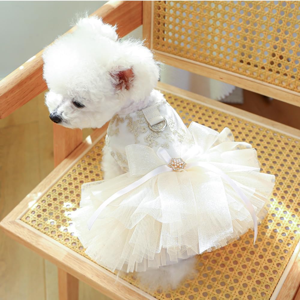 Anelekor embroidered dog wedding dress back view showing the integrated metal leash ring