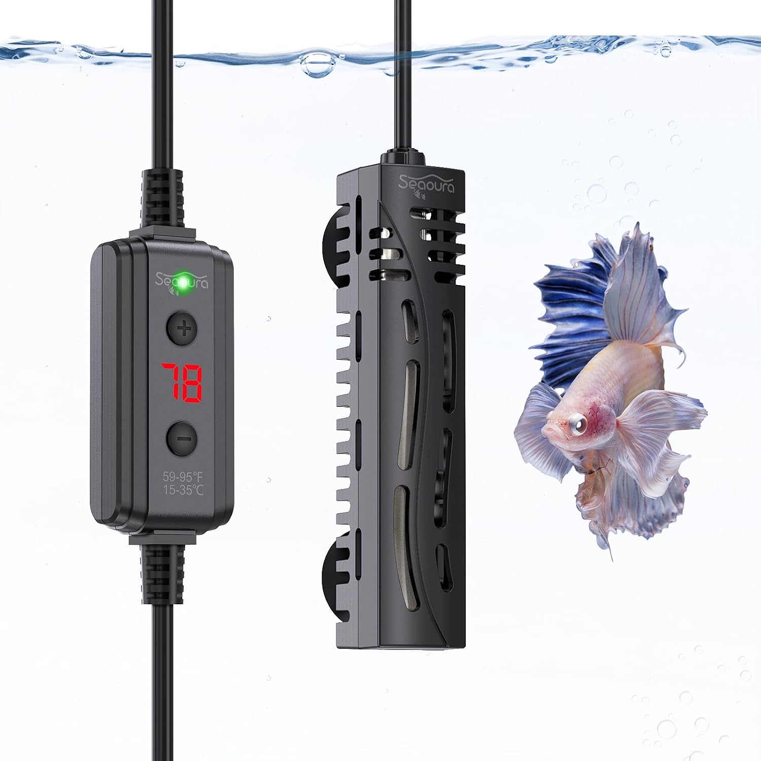 Seaoura digital aquarium heater setup for betta and turtle tanks