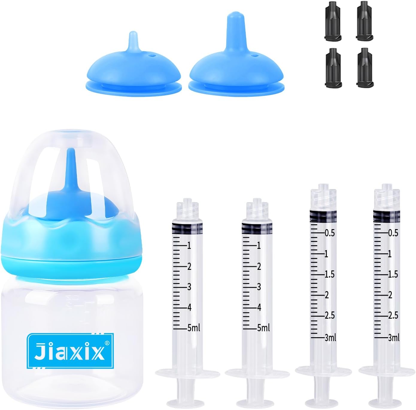 YIBIKEHO pet bottle feeding kit blue front view featuring the 60ml bottle and silicone nipples.