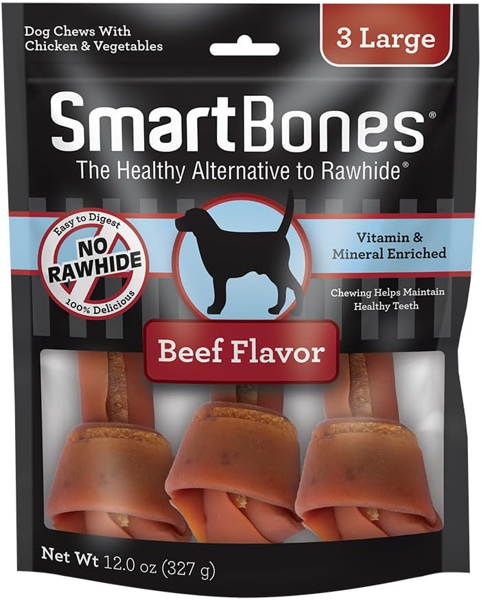 Three large SmartBones peanut butter flavor bones arranged neatly to display size