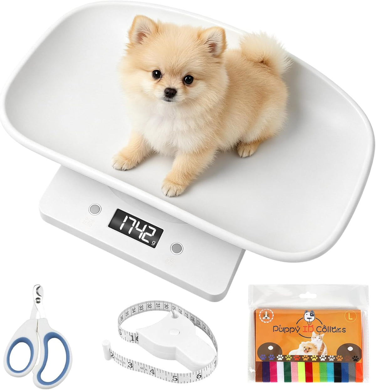 LYTDMSKY electronic pet scale with a tape measure for comprehensive growth tracking.