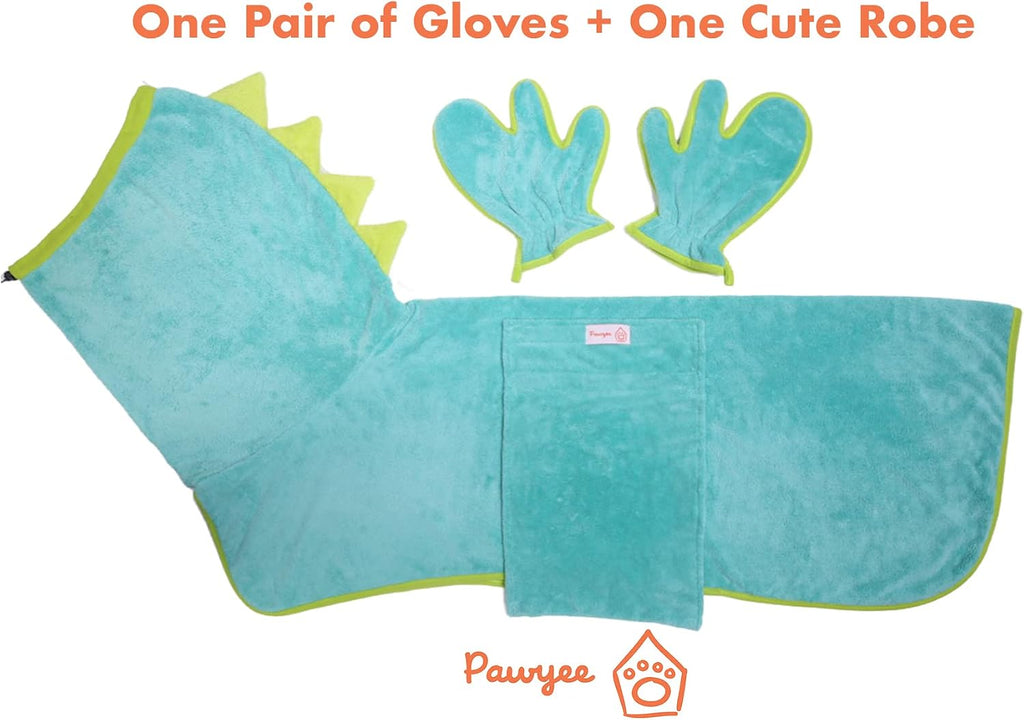 Pet wearing Pawyee blue dinosaur bathrobe side view
