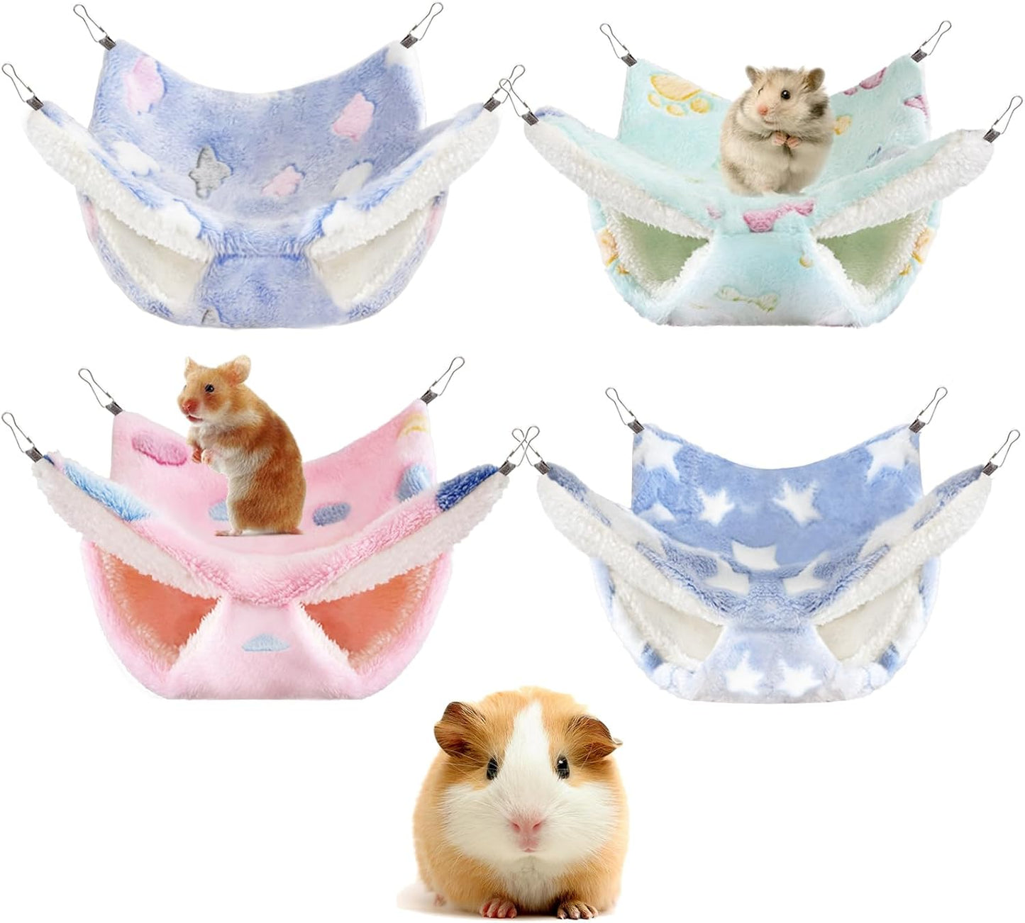 Nuogo four piece rat hammock set front view showing yellow, gray, blue, and green hanging beds for cages.