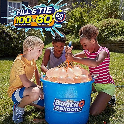 Eco friendly natural rubber water balloons filling up simultaneously in a large container