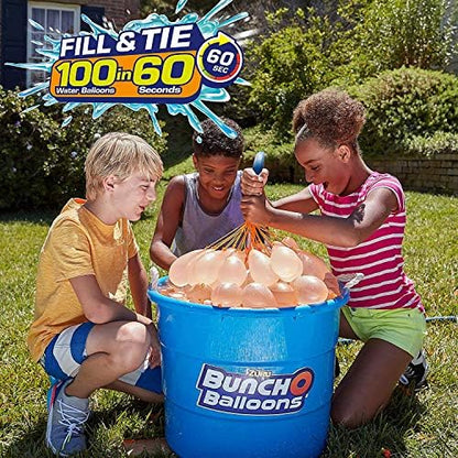 Eco friendly natural rubber water balloons filling up simultaneously in a large container