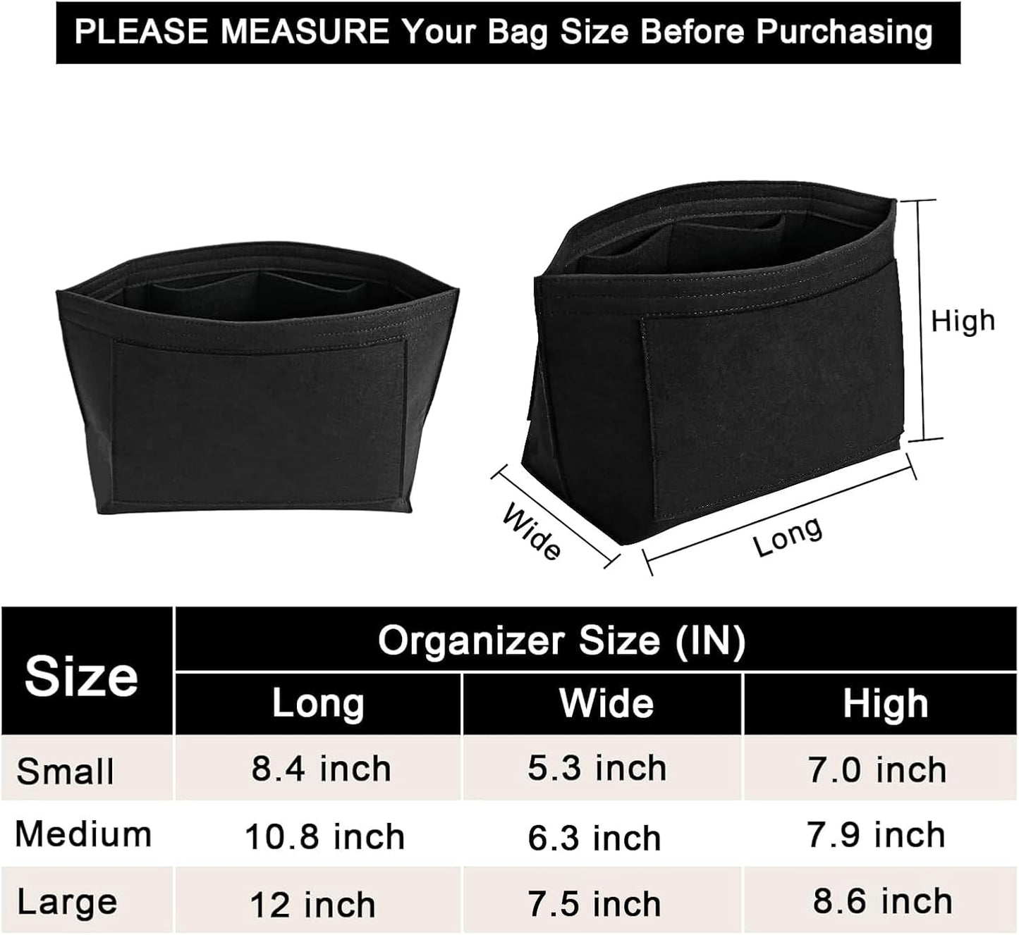 LOUKAYCCI bag liner insert side view showcasing the inner compartment organization layout.