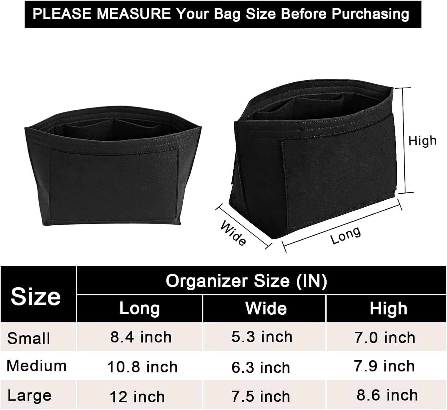 LOUKAYCCI bag liner insert side view showcasing the inner compartment organization layout.