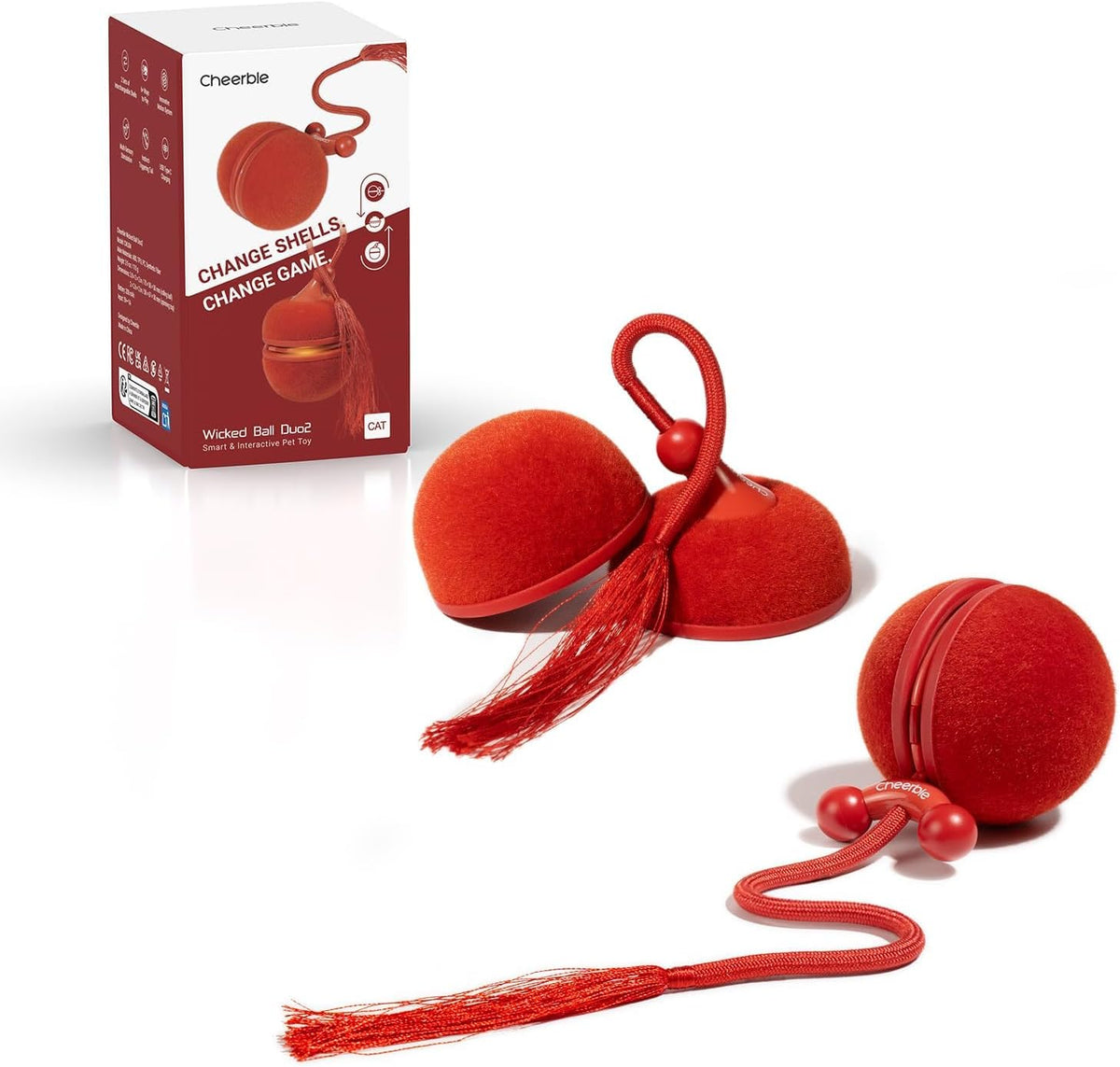 Cheerble Wicked Ball Duo2 interactive cat toy in red front view