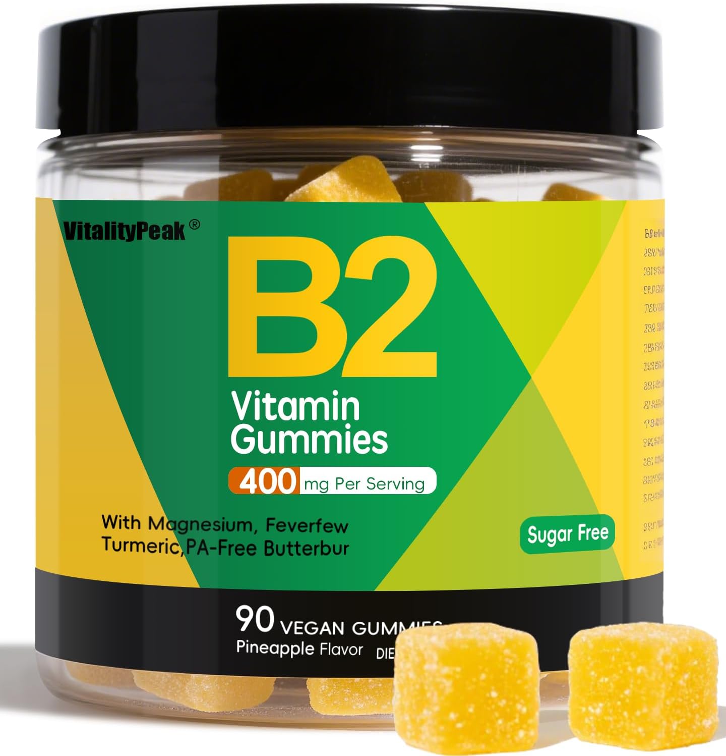 OUYIYUA VitalityPeak Vitamin B2 Riboflavin 400mg Magnesium Migraine Support Gummies front view showing the 90 vegan gummies bottle for neurological wellness.