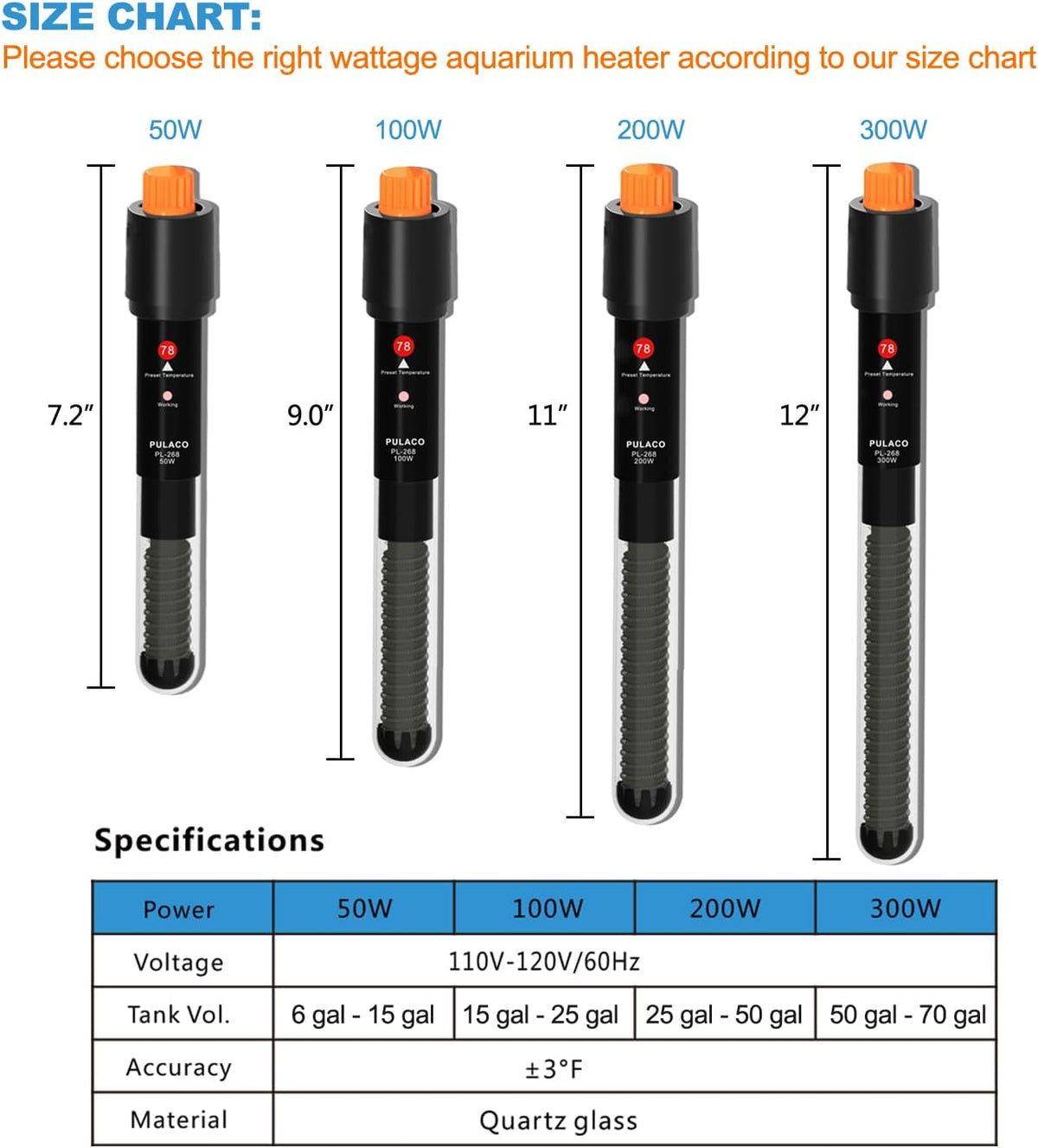 Pulaco submersible fish tank heater with thermometer strip