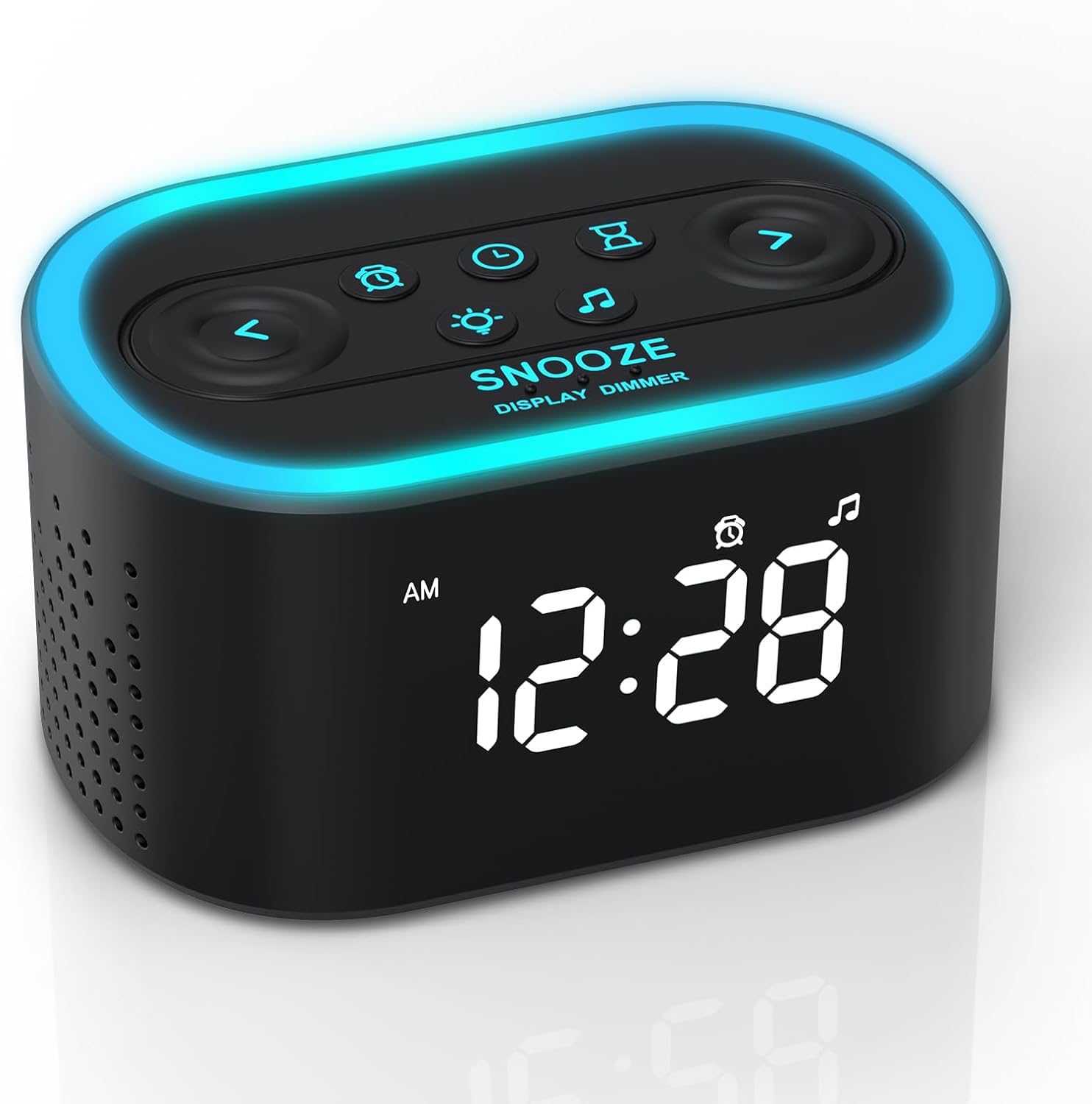 Reacher Digital Alarm Clock and White Noise Machine front view showing blue night light.