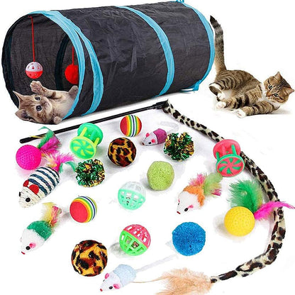 Speedy Panther 21 pieces cat toys front view showing the full assortment arranged neatly on the floor.