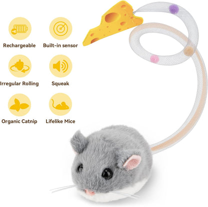 Close-up detail of the grey plush fabric, pink ears, whiskers, and wiggling mesh plastic tail.
