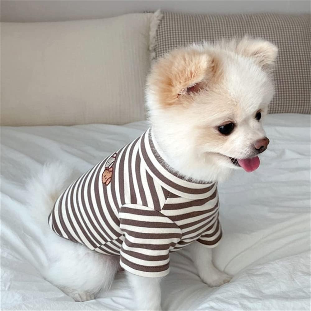 Brown striped puppy sweatshirt showing the stretchy high collar design