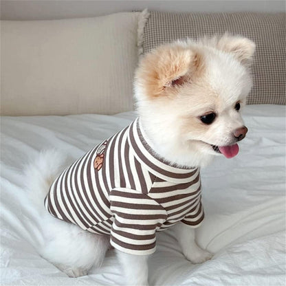 Brown striped puppy sweatshirt showing the stretchy high collar design