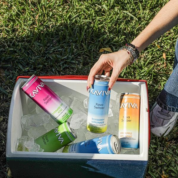 Authentic USA imported Kaviva social seltzer cans highlighting 300mg kavalactones.