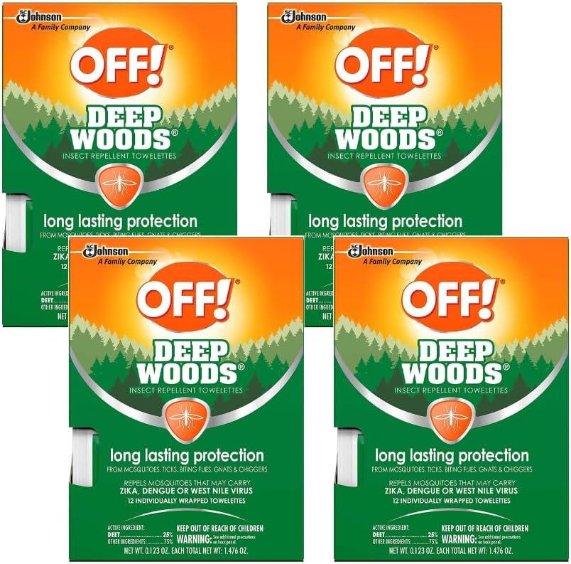 SC Johnson OFF! Deep Woods Insect Repellent Towelettes four pack front view showing the product box.