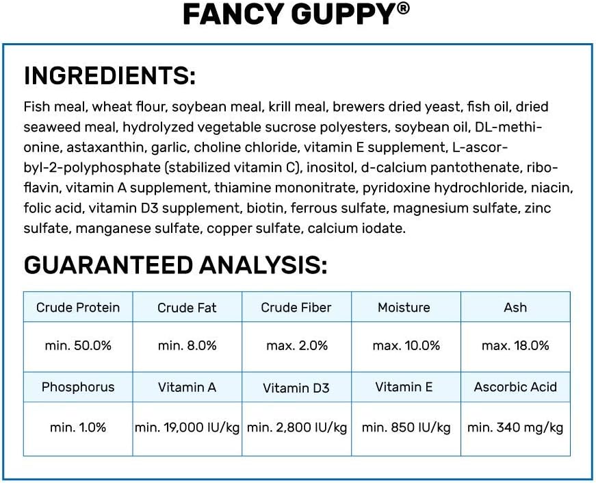 Back of Hikari Fancy Guppy packaging showing nutritional information