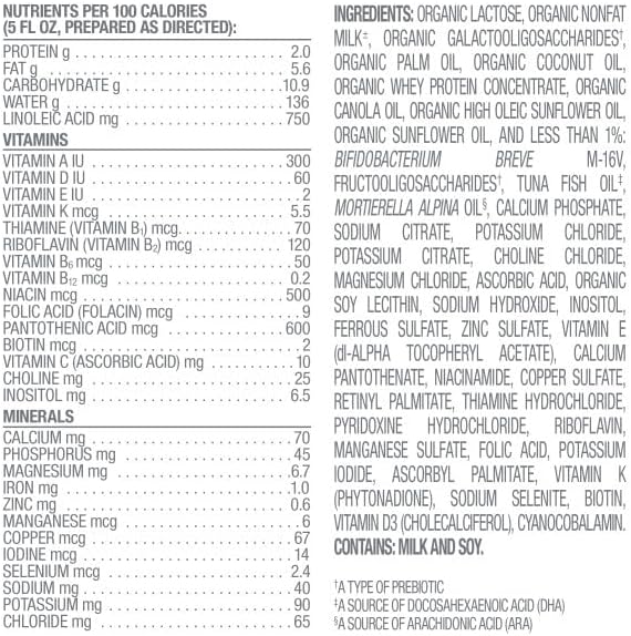 Happy Baby Stage 1 organic baby formula nutrition facts label showing vitamin and mineral content.