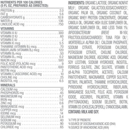 Happy Baby Stage 1 organic baby formula nutrition facts label showing vitamin and mineral content.